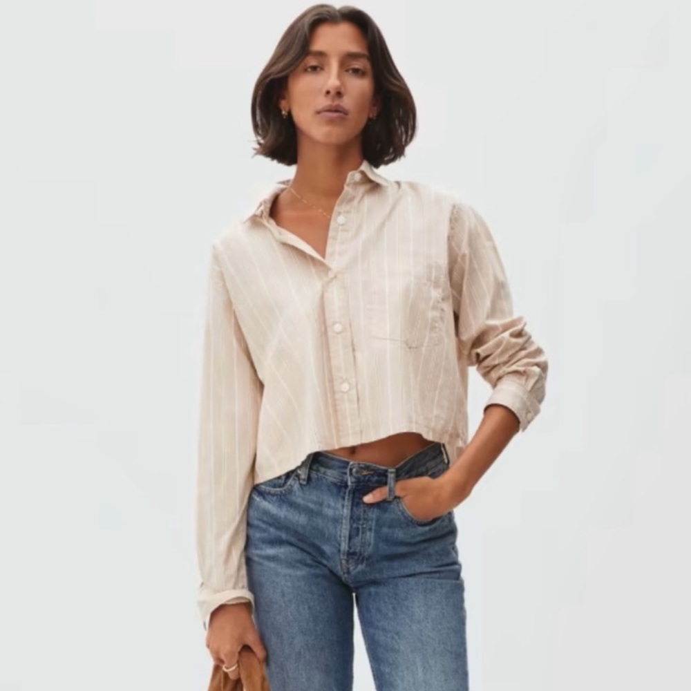 Everlane The Silky Cotton Way-Short Shirt Tan Pinstripe Size M Medium